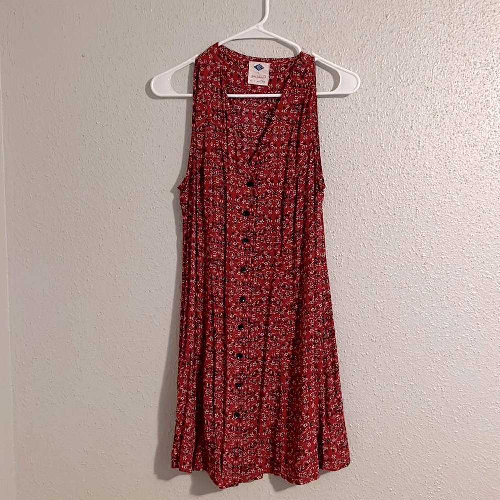 Red floral button down mini dress